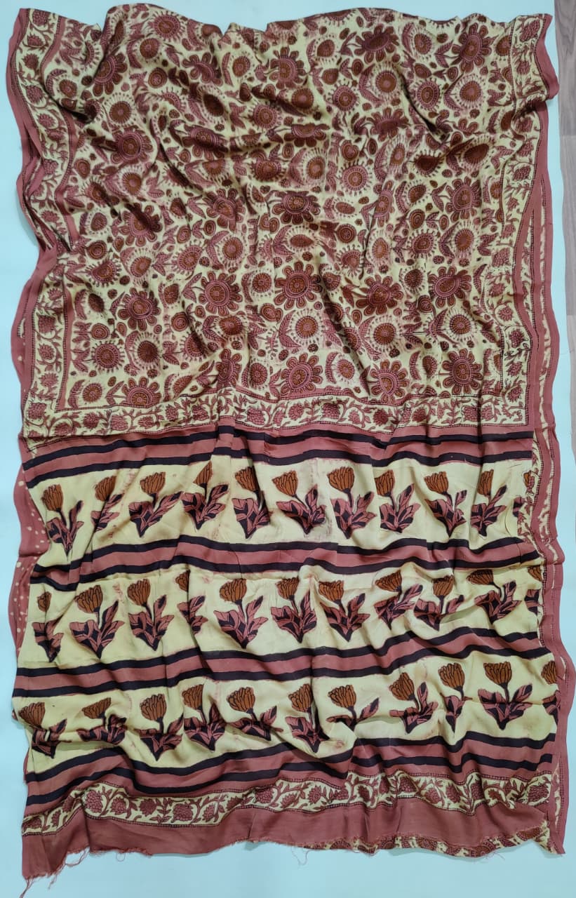 Premium Natural Ajrakh Hand Block Printed Modal Silk Saree