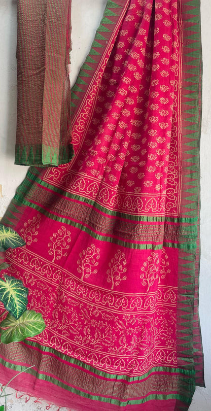 Hand Block Printed Cotton Silk Saree with Temple Border (Ajrakh & Dabu)