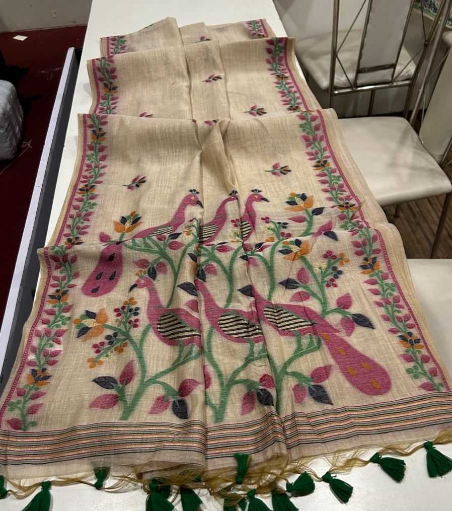 Premium Soft Muga Cotton Saree with Peacock & Jamdani Weaving