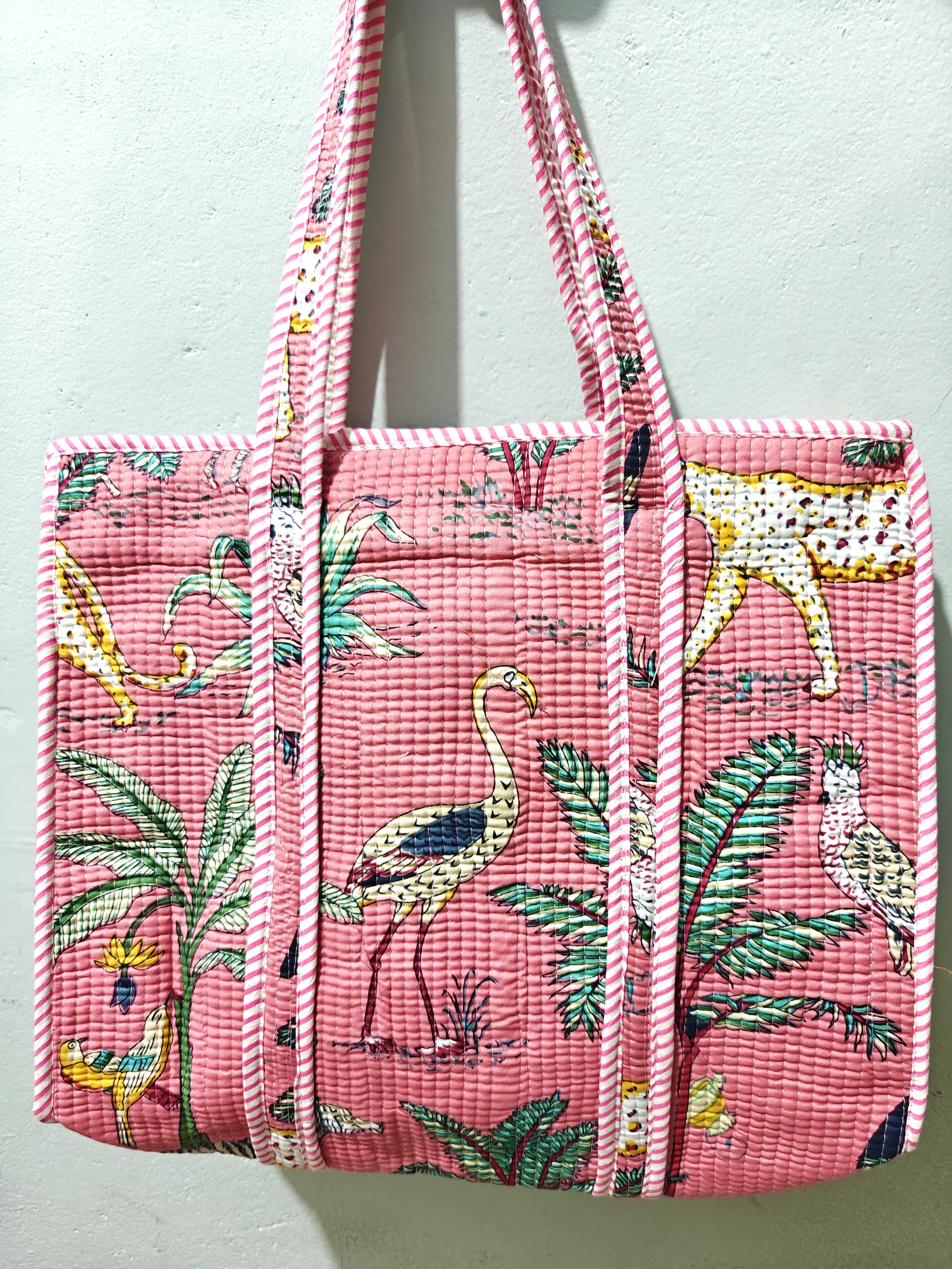 Cotton Quilted Tote Bag with Zip & External Water Bottle Pocket