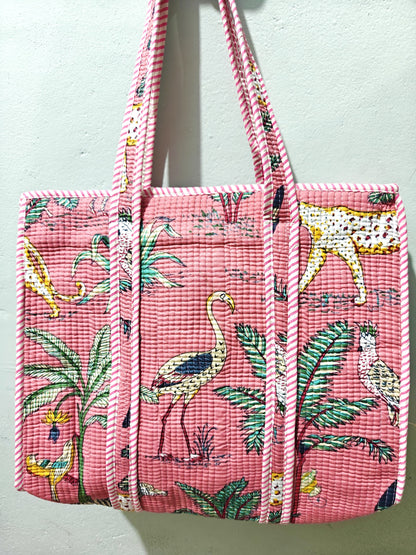 Cotton Quilted Tote Bag with Zip & External Water Bottle Pocket