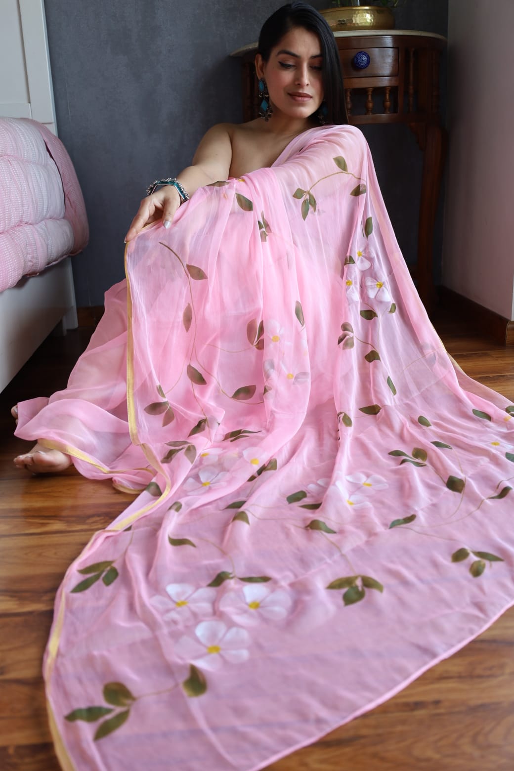 Hand Painted Chiffon Saree with Zari Border – Soft & Elegant Party Wear