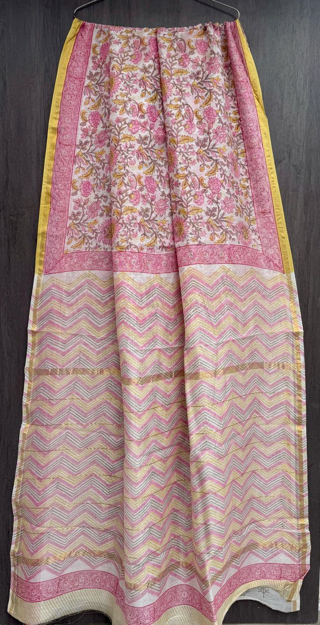 Hand Block Printed Bagru Pure Chanderi Saree with Blouse Piece