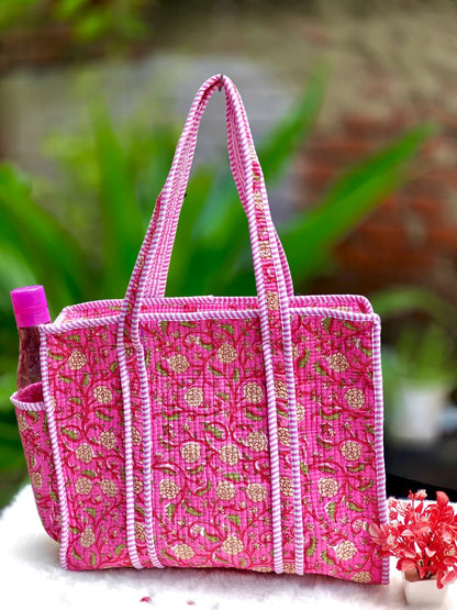 Cotton Quilted Tote Bag with Zip & External Water Bottle Pocket