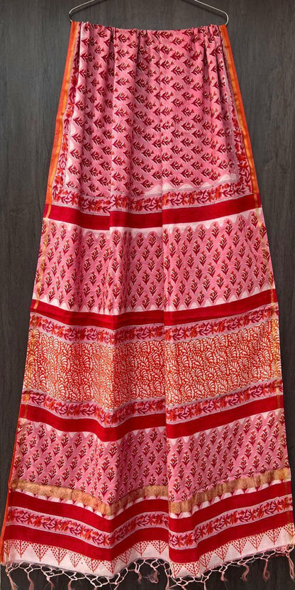Hand Block Printed Bagru Pure Chanderi Saree with Blouse Piece
