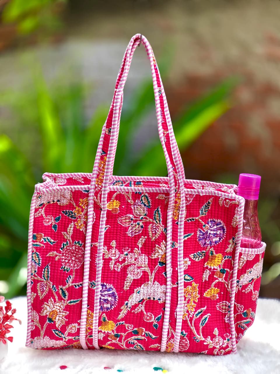 Cotton Quilted Tote Bag with Zip & External Water Bottle Pocket