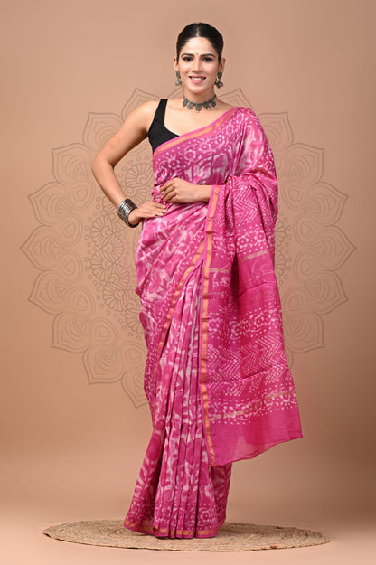 Hand Block Printed Bagru Pure Chanderi Saree with Blouse Piece