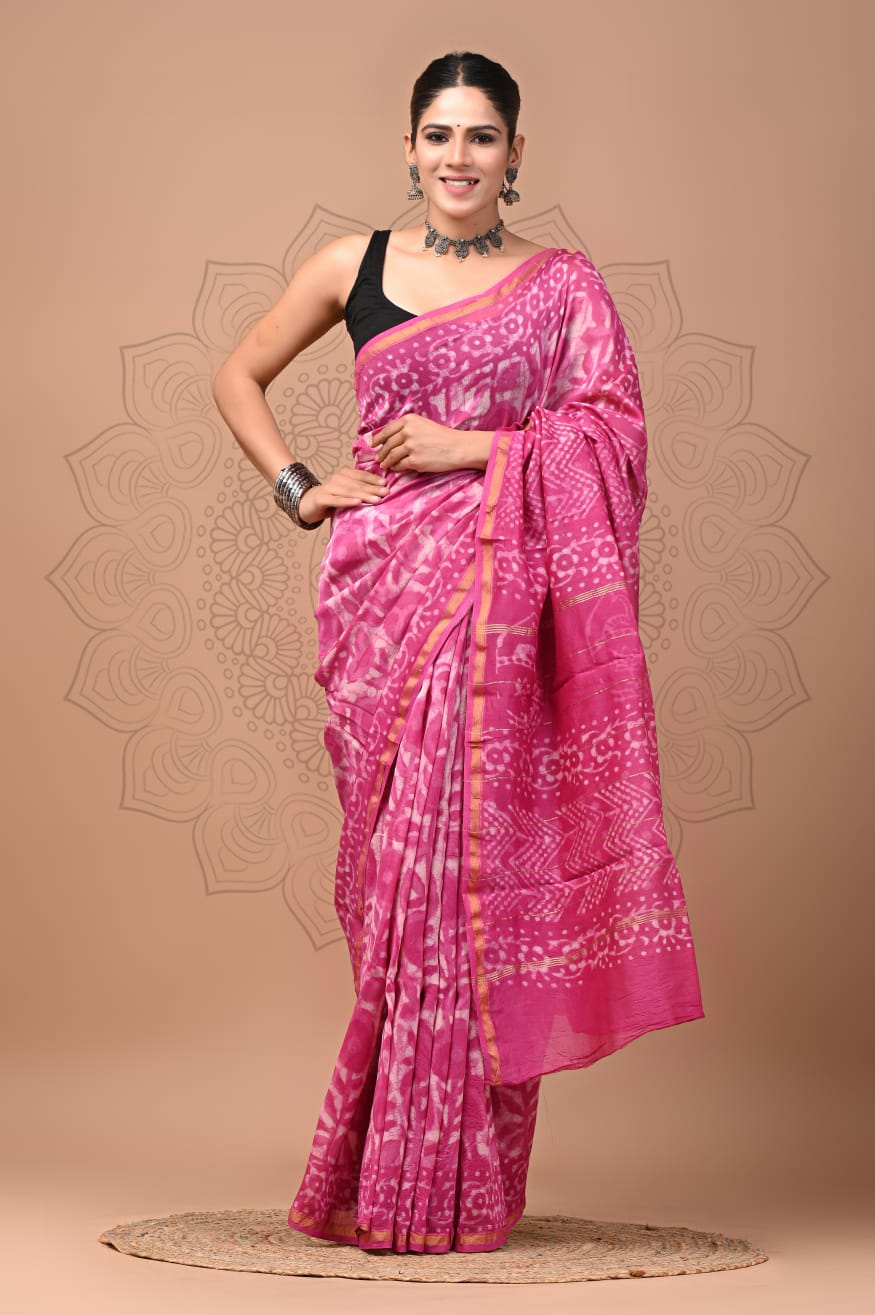 Hand Block Printed Bagru Pure Chanderi Saree with Blouse Piece
