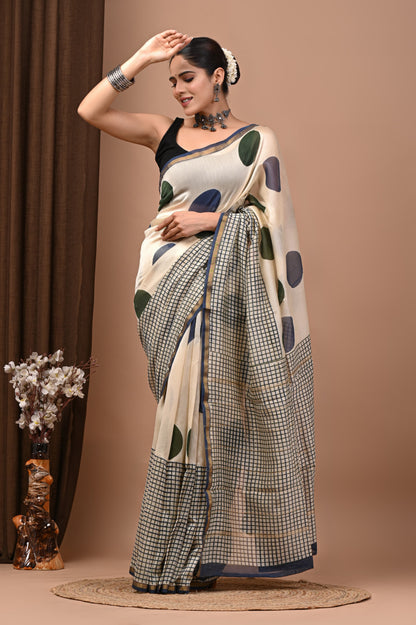 Hand Block Printed Bagru Pure Chanderi Saree with Blouse Piece