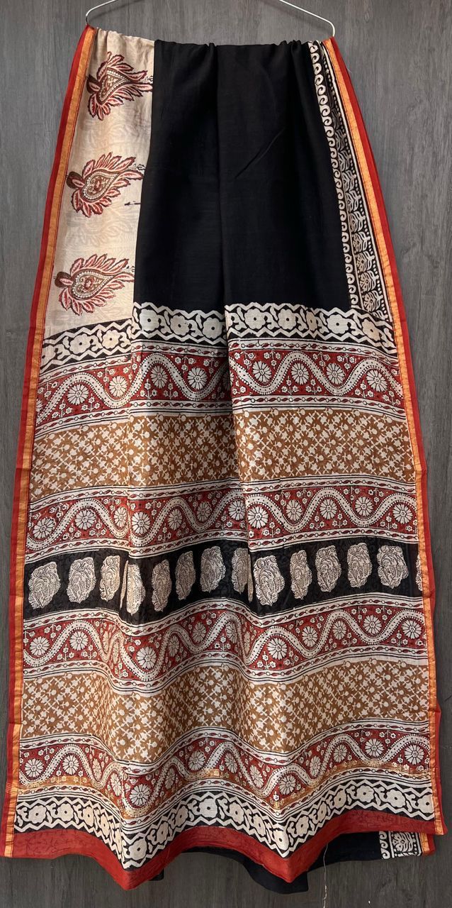 Hand Block Printed Bagru Pure Chanderi Saree with Blouse Piece