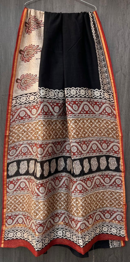 Hand Block Printed Bagru Pure Chanderi Saree with Blouse Piece