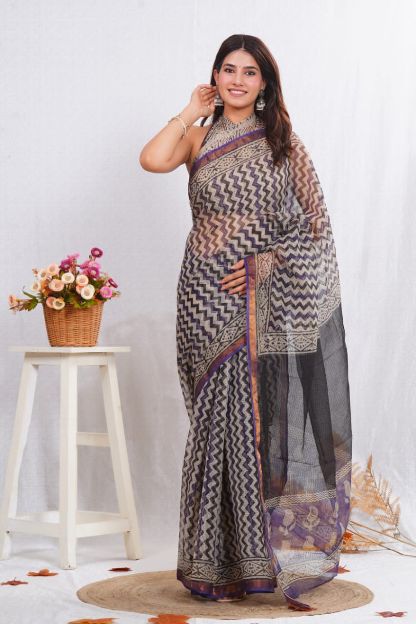 Kota Doriya Hand Block Printed Saree with Blouse (Natural Dye)