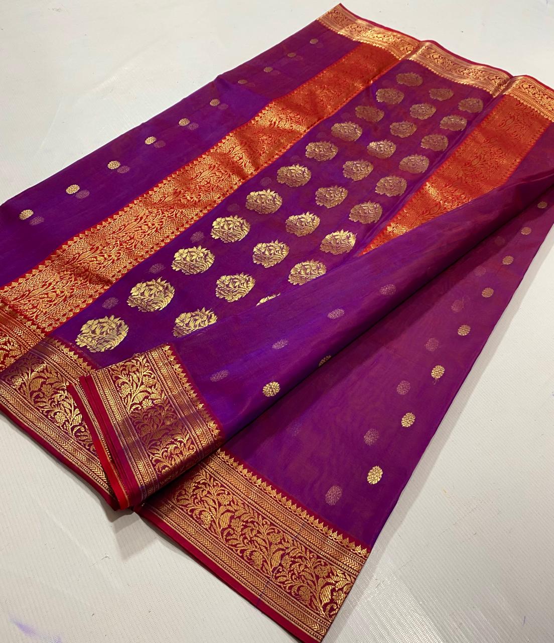 Royal Rajwadi Minakari Buti Katan Silk Chanderi Saree