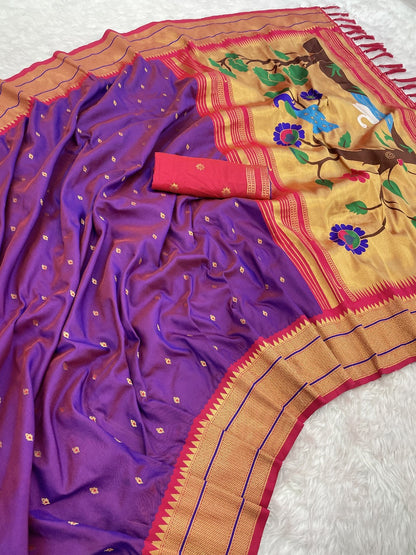 Paithani Silk Saree with Gold Zari Motifs & Swan Meenakari Pallu