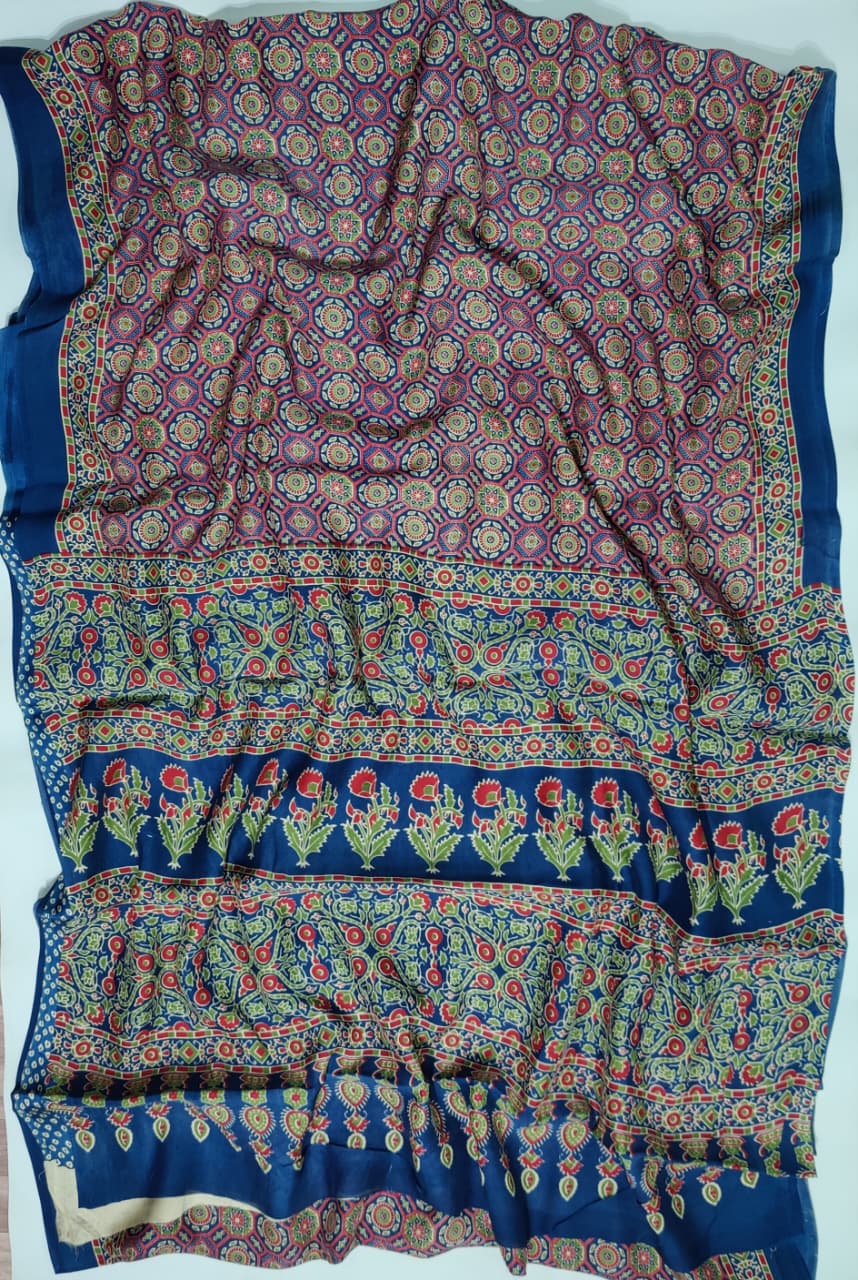 Premium Natural Ajrakh Hand Block Printed Modal Silk Saree