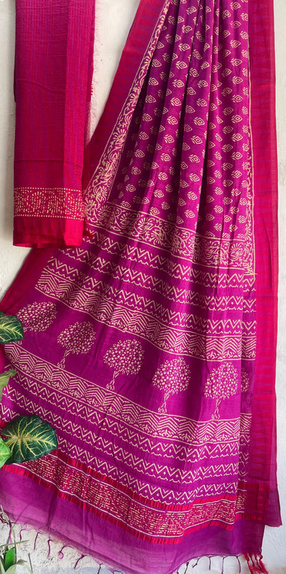 Hand Block Printed Cotton Silk Saree with Temple Border (Ajrakh & Dabu)
