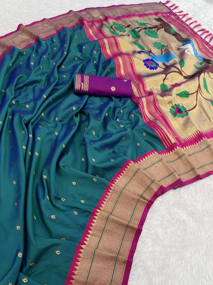 Paithani Silk Saree with Gold Zari Motifs & Swan Meenakari Pallu