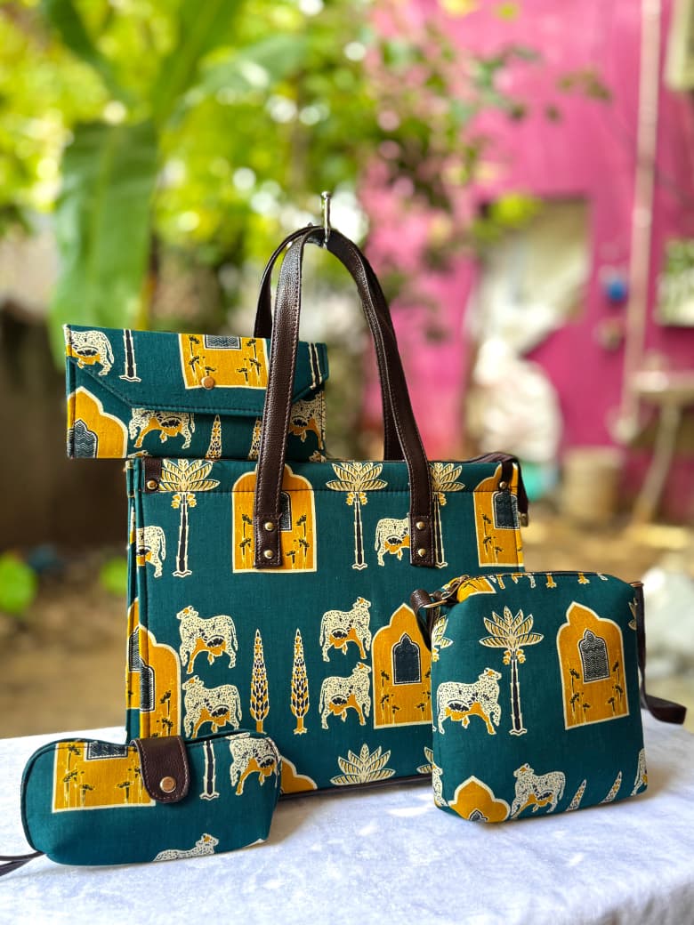 4-in-1 Combo Tote Bag Set with Hand Block Print