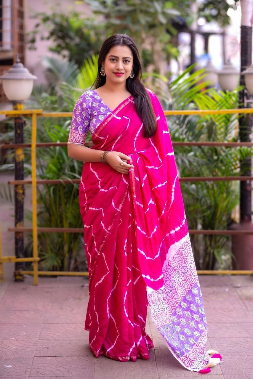 Soft Pure Chanderi Leheriya Saree with Ajrakh Pallu + Cotton Tassels