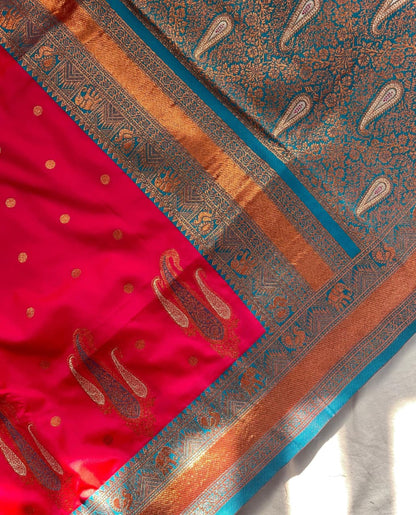 Paithani Silk Saree with Rich Contrast Weaving Pallu & Border