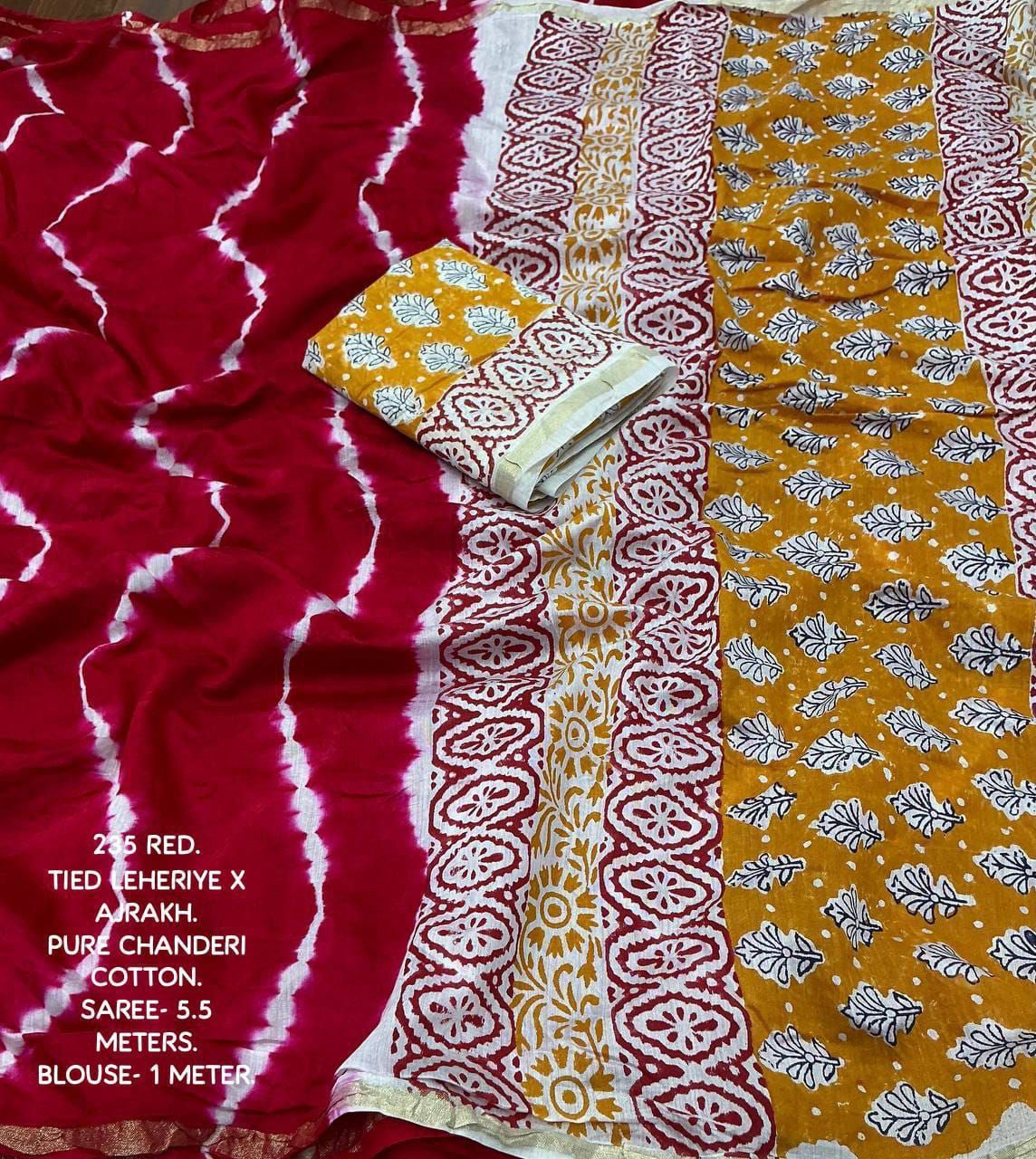 Soft Pure Chanderi Leheriya Saree with Ajrakh Pallu + Cotton Tassels