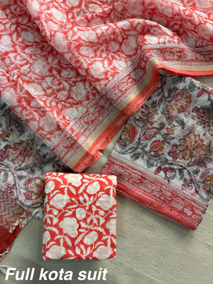 Premium Pure Full Kota Doria Suit | Hand Block Printed Silk Cotton Set