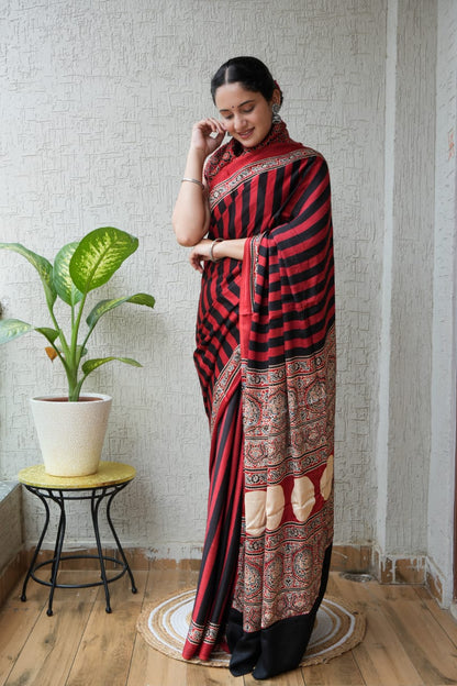 Pure Ajrakh Print Modal Silk Saree (Vegetable-Dyed) + Printed Blouse