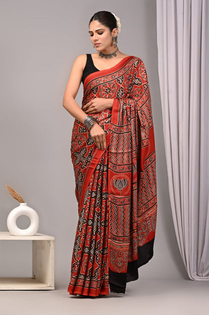 Pure Ajrakh Print Modal Silk Saree (Vegetable-Dyed) + Printed Blouse