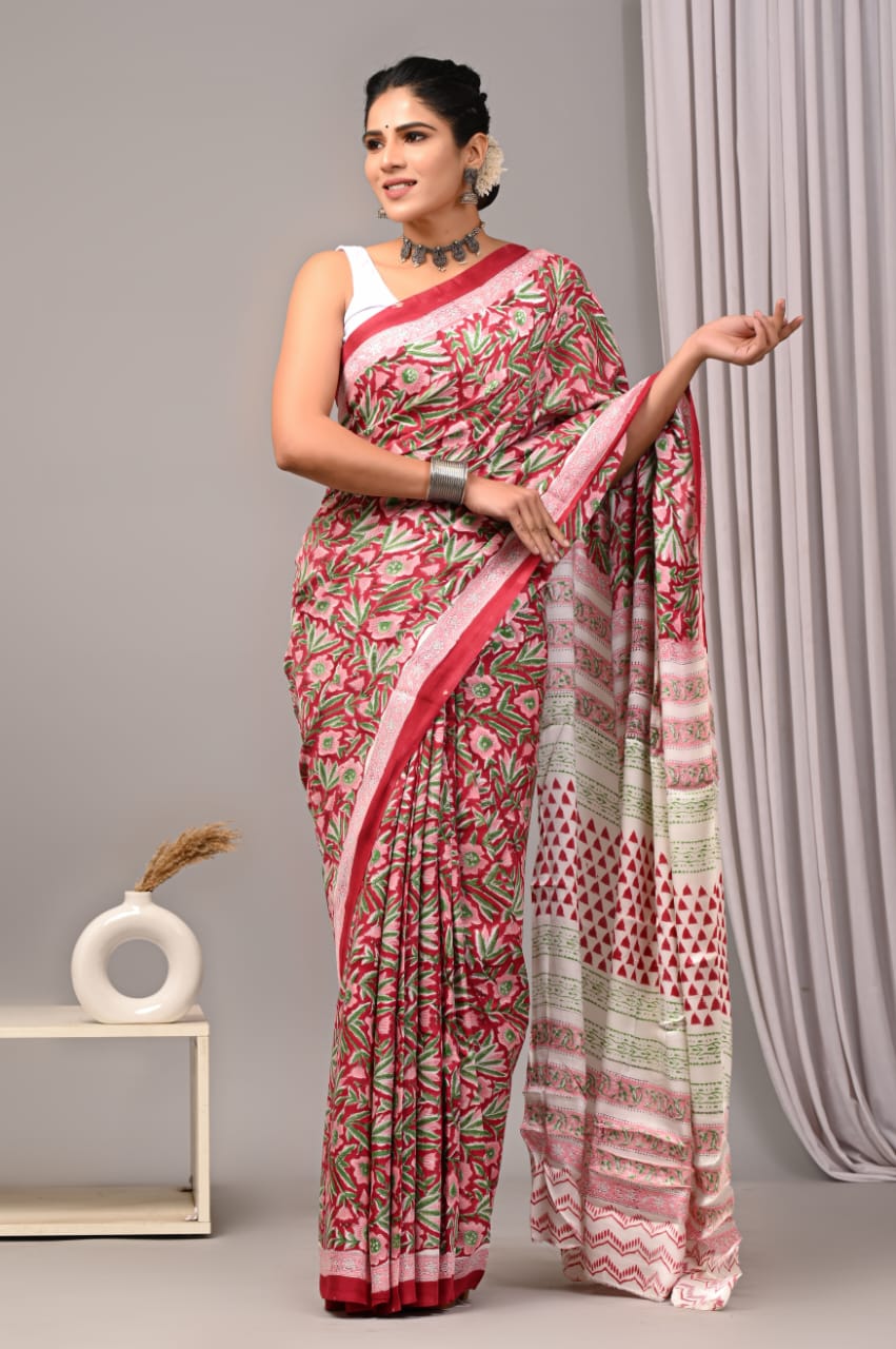 Soothing Ajrakh Vanaspati Natural Dye Modal Silk Saree + Printed Blouse