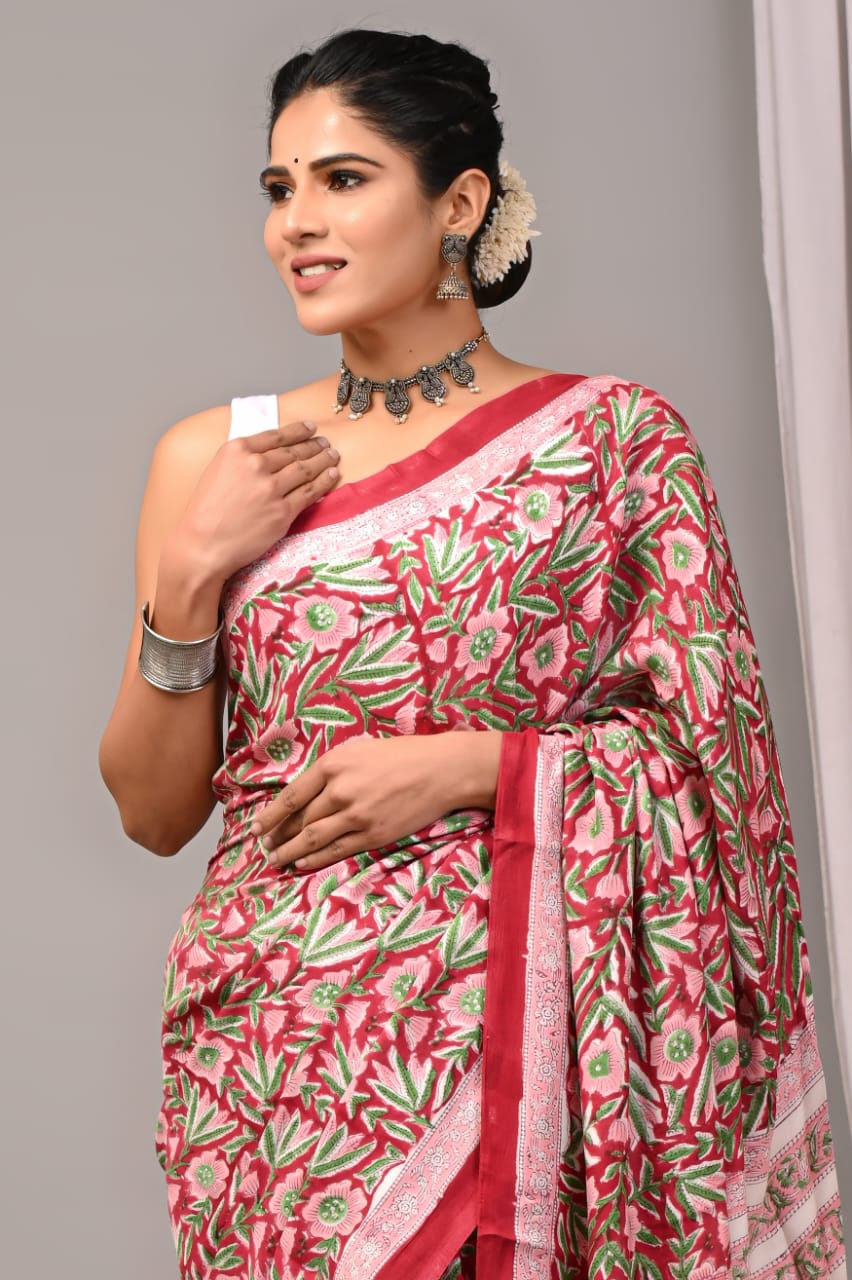 Soothing Ajrakh Vanaspati Natural Dye Modal Silk Saree + Printed Blouse