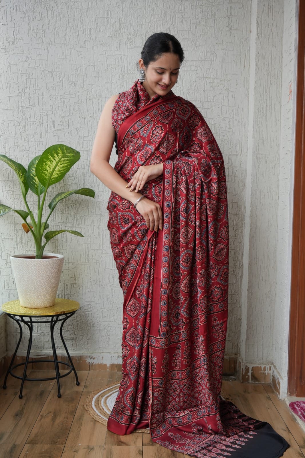 Pure Ajrakh Print Modal Silk Saree (Vegetable-Dyed) + Printed Blouse