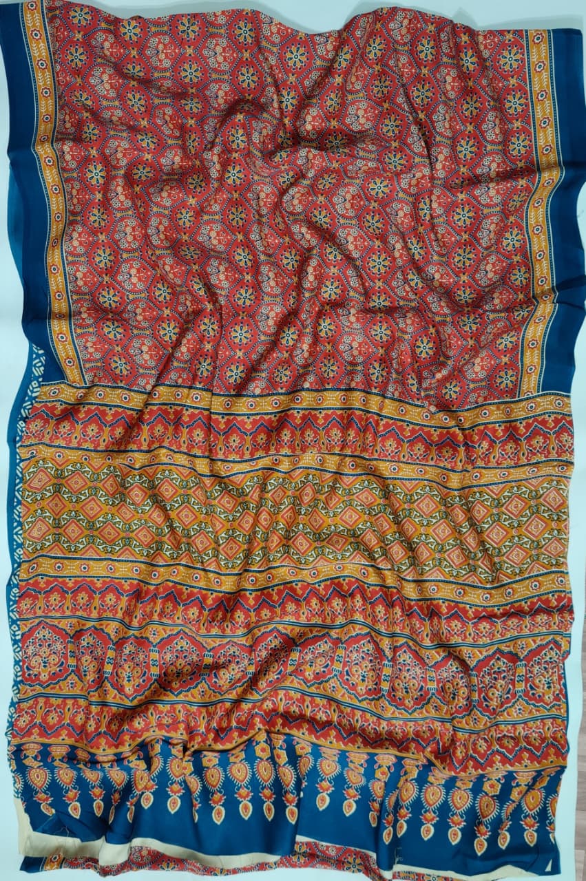 Premium Natural Ajrakh Hand Block Printed Modal Silk Saree