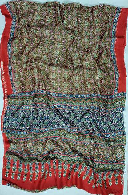 Premium Natural Ajrakh Hand Block Printed Modal Silk Saree