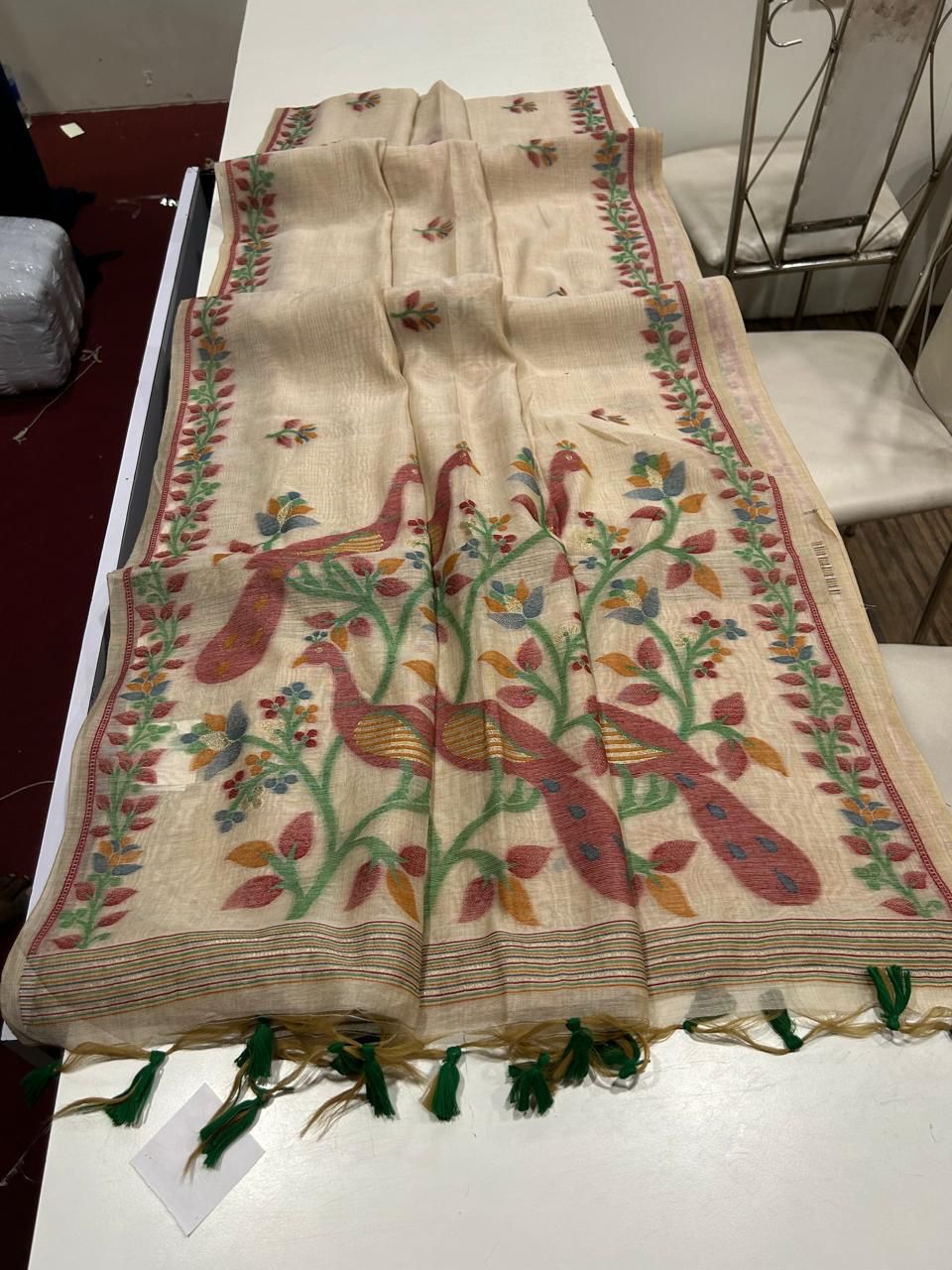 Premium Soft Muga Cotton Saree with Peacock & Jamdani Weaving