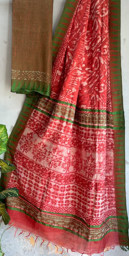 Hand Block Printed Cotton Silk Saree with Temple Border (Ajrakh & Dabu)