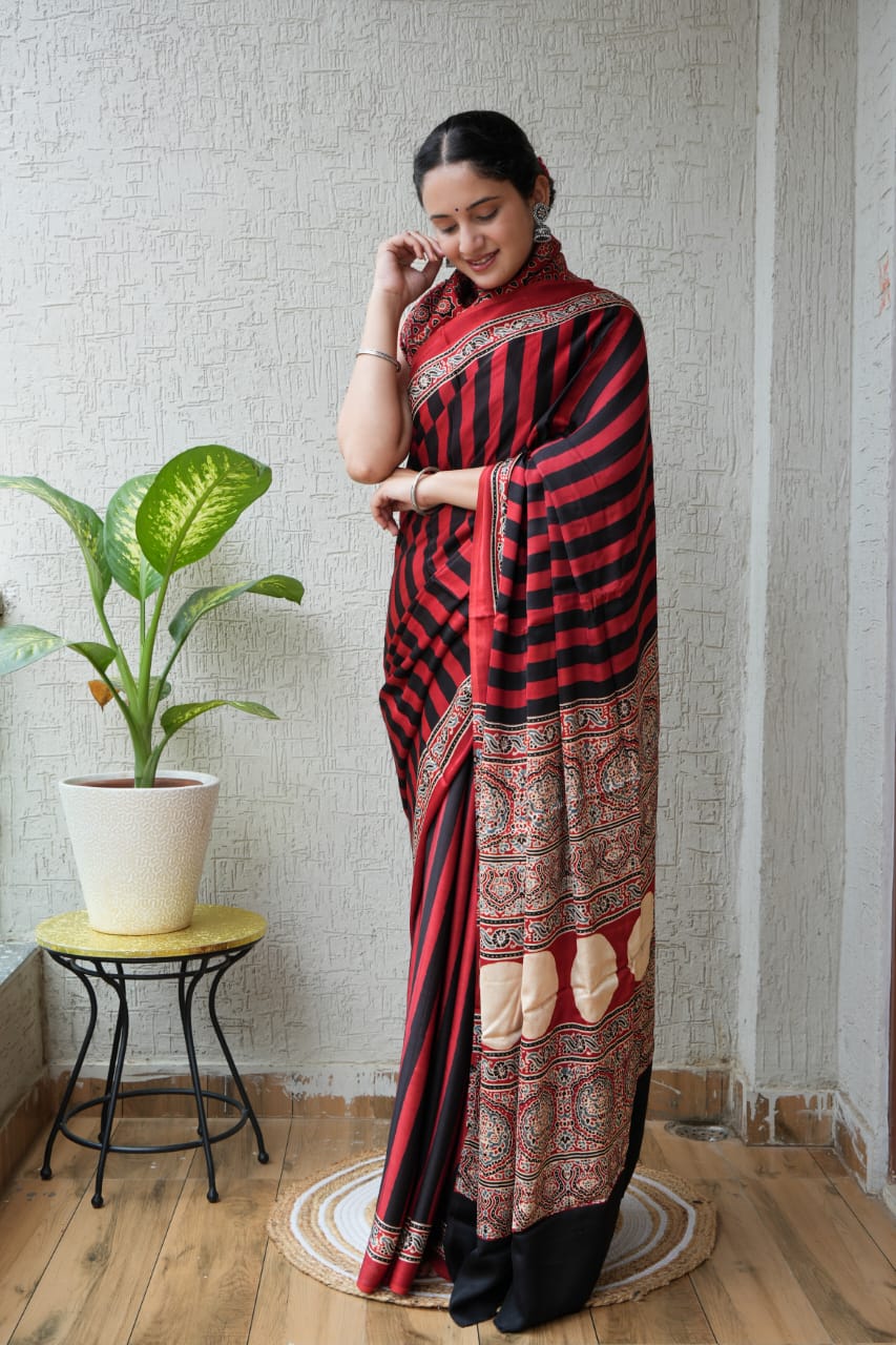 Pure Ajrakh Print Modal Silk Saree (Vegetable-Dyed) + Printed Blouse