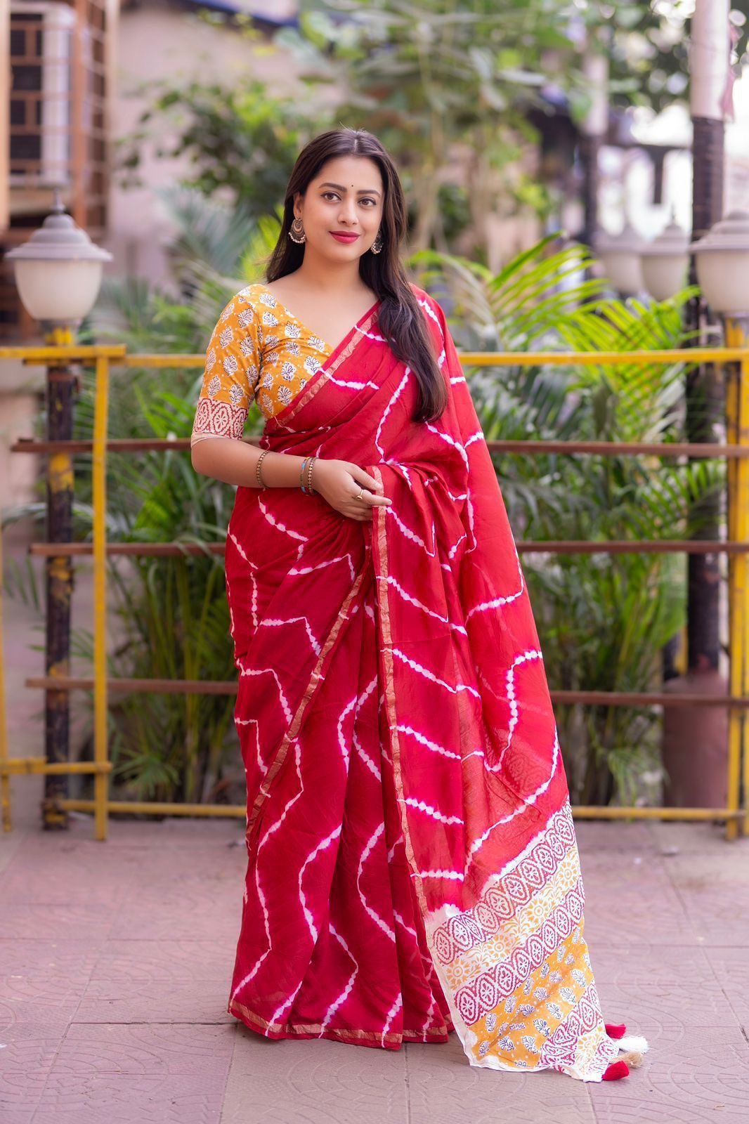 Soft Pure Chanderi Leheriya Saree with Ajrakh Pallu + Cotton Tassels