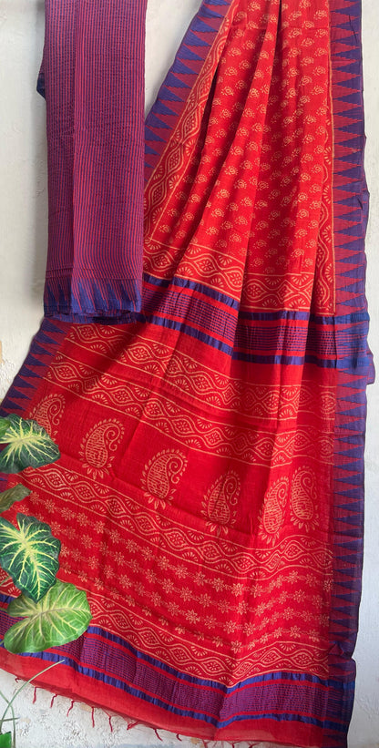 Hand Block Printed Cotton Silk Saree with Temple Border (Ajrakh & Dabu)