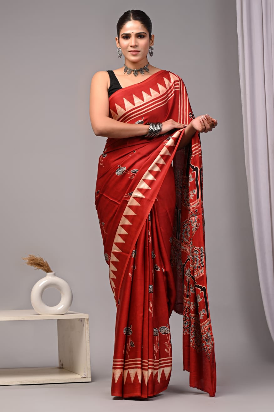 Pure Ajrakh Print Modal Silk Saree (Vegetable-Dyed) + Printed Blouse