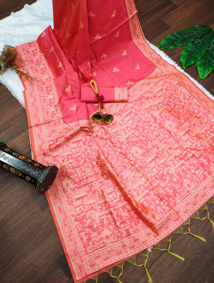 Banglori Handloom Raw Silk Saree with Weaving Pallu & Border | Blouse Included