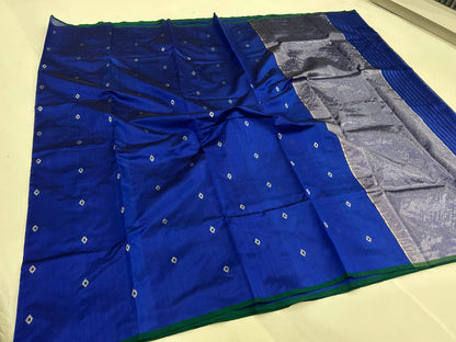 Beautiful Pure Handwoven Dual Tone Chanderi Pattu Silk Saree with Silver Zari Meenakari Buti