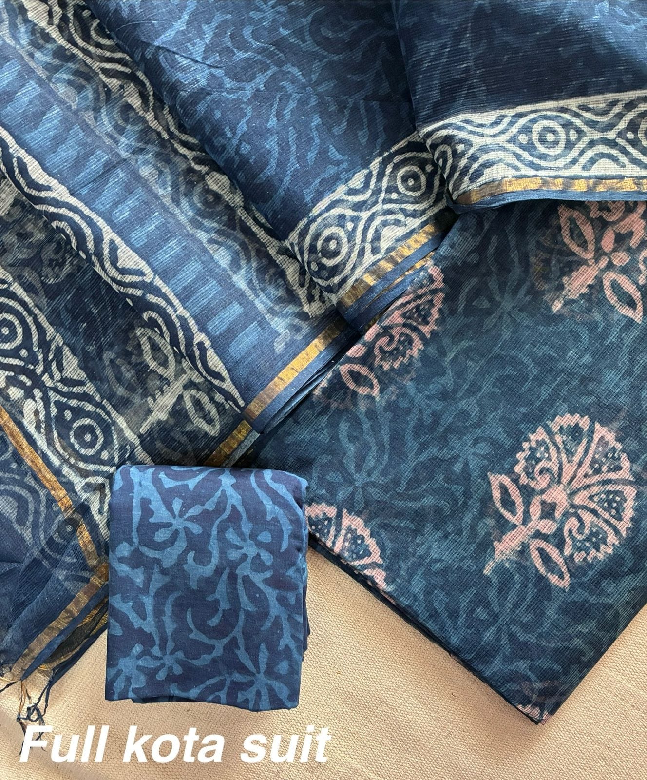 Premium Pure Full Kota Doria Suit | Hand Block Printed Silk Cotton Set