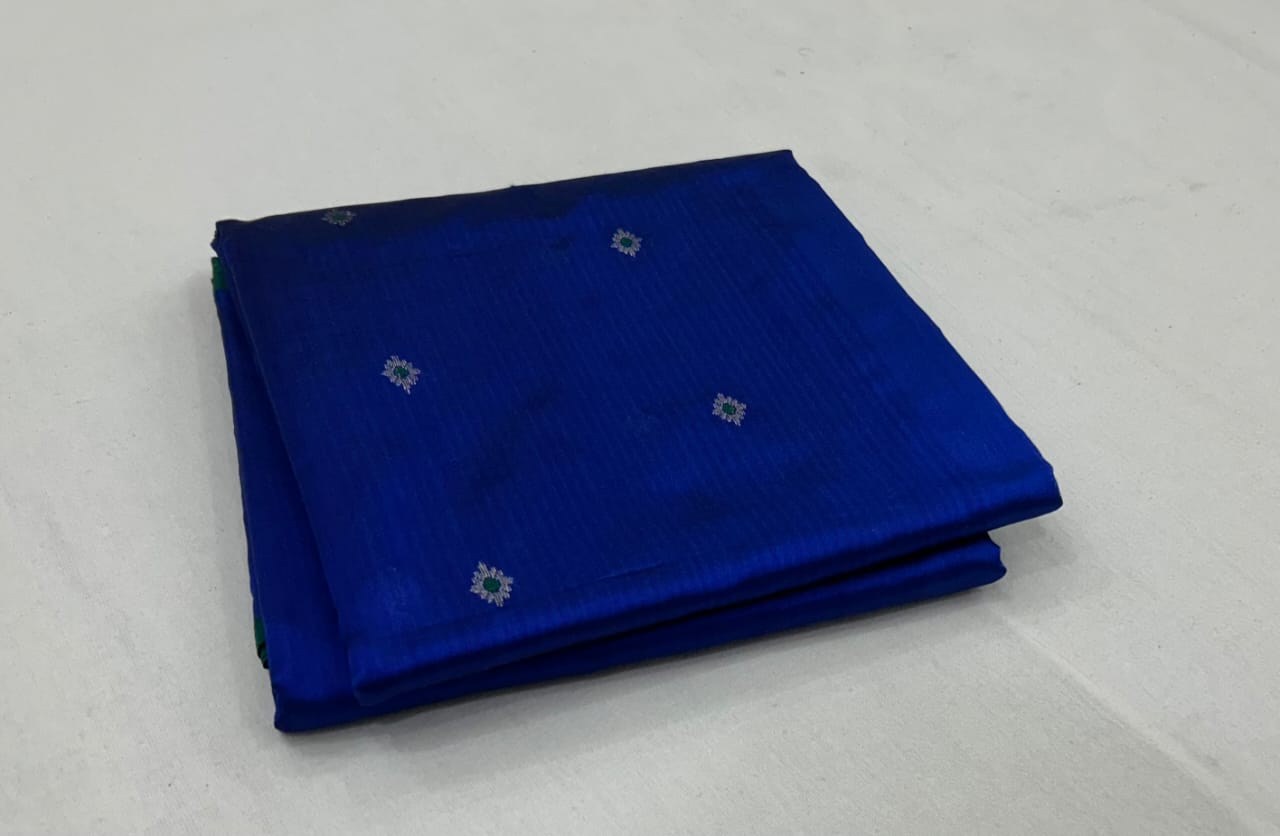 Beautiful Pure Handwoven Dual Tone Chanderi Pattu Silk Saree with Silver Zari Meenakari Buti