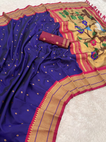 Paithani Silk Saree with Gold Zari Motifs & Swan Meenakari Pallu