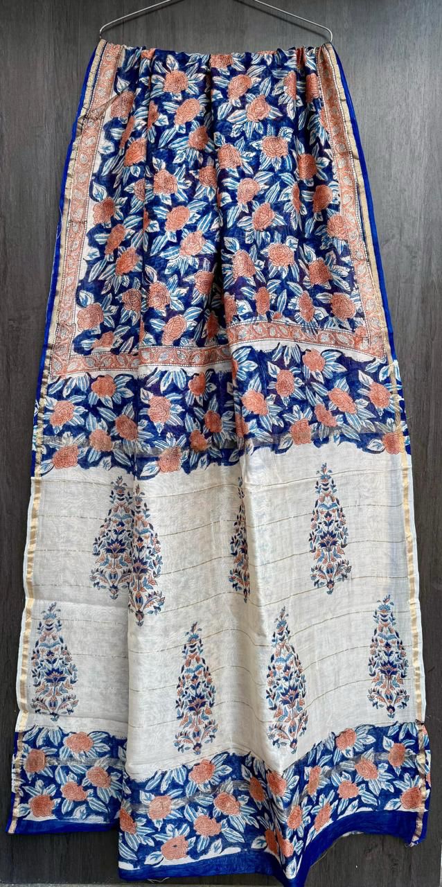 Hand Block Printed Bagru Pure Chanderi Saree with Blouse Piece