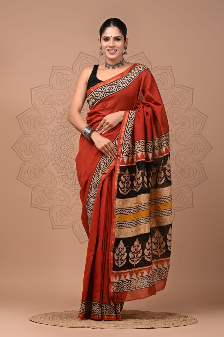 Hand Block Printed Bagru Pure Chanderi Saree with Blouse Piece