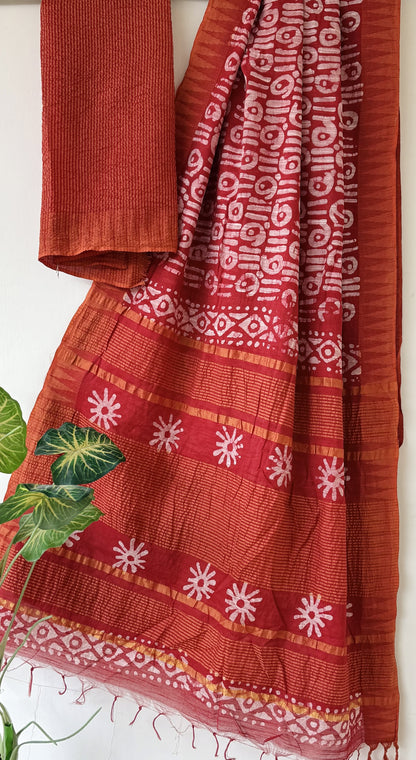 Hand Block Printed Cotton Silk Saree with Temple Border (Ajrakh & Dabu)