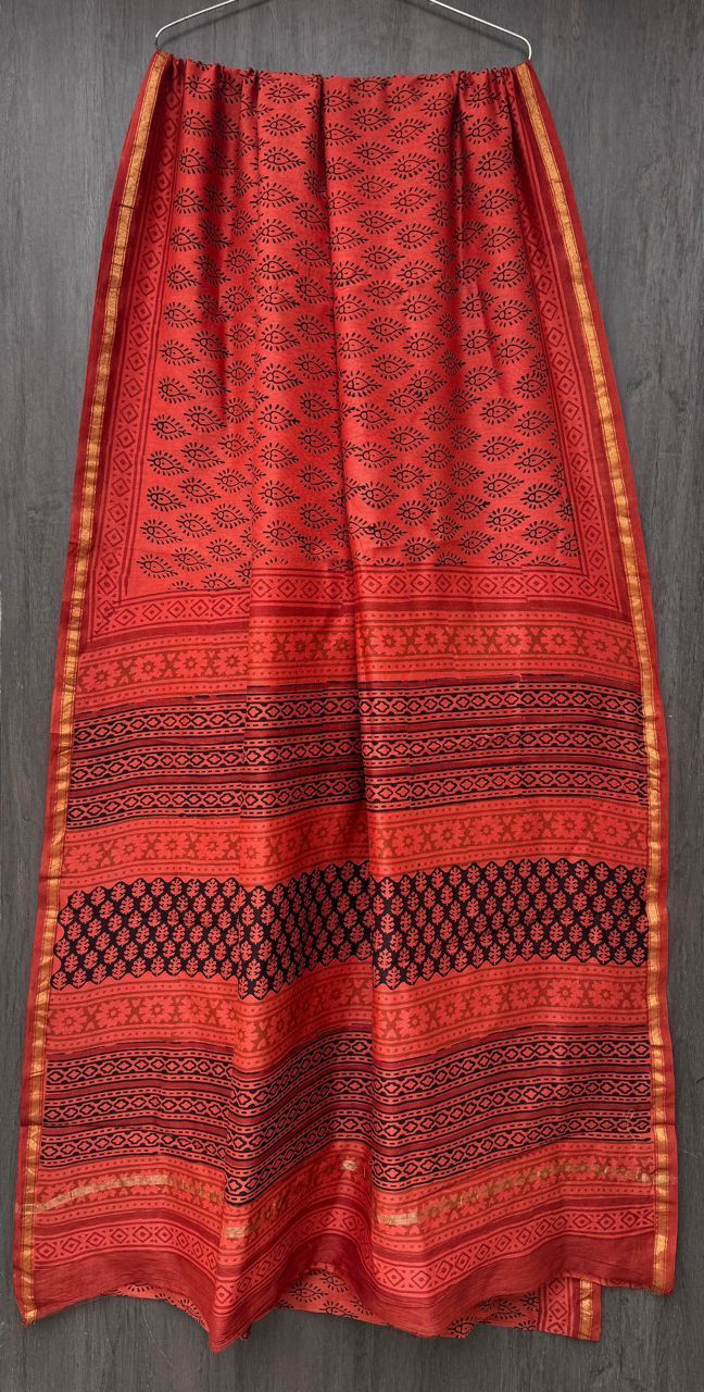 Hand Block Printed Bagru Pure Chanderi Saree with Blouse Piece