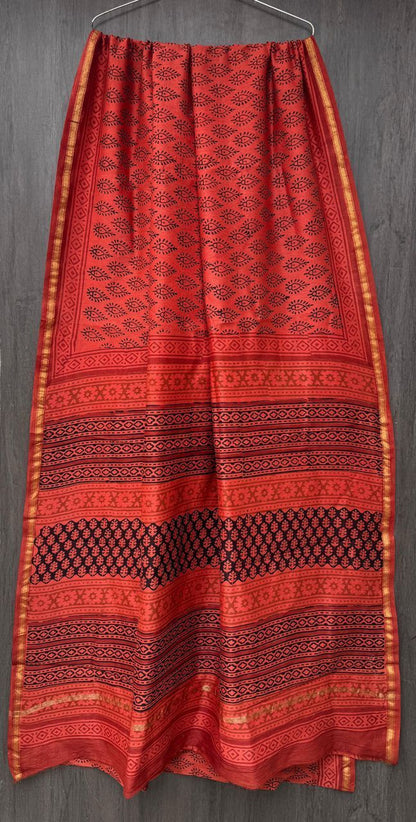 Hand Block Printed Bagru Pure Chanderi Saree with Blouse Piece