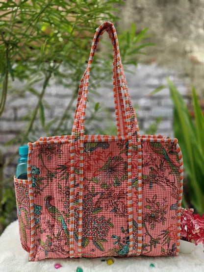 Cotton Quilted Tote Bag with Zip & External Water Bottle Pocket